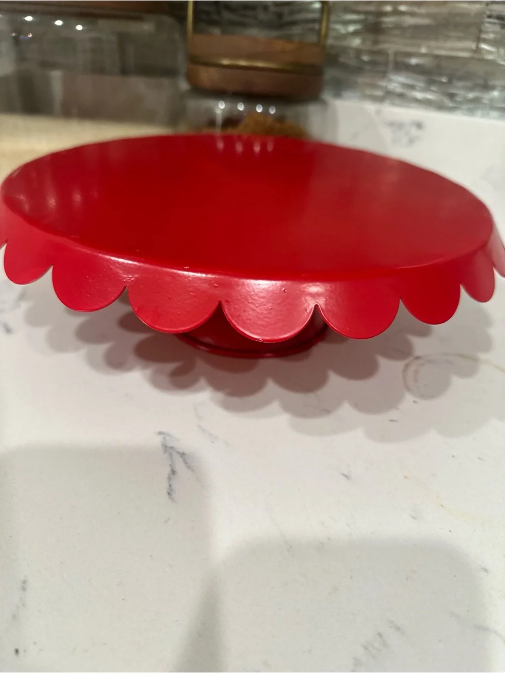 Red Scalloped Metal Pedestal Cake Stand- 10in